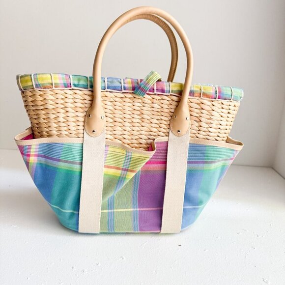 Ralph Lauren Woven Plaid Pastel Fabric Detail Small Basket Tote - Picture 5 of 8